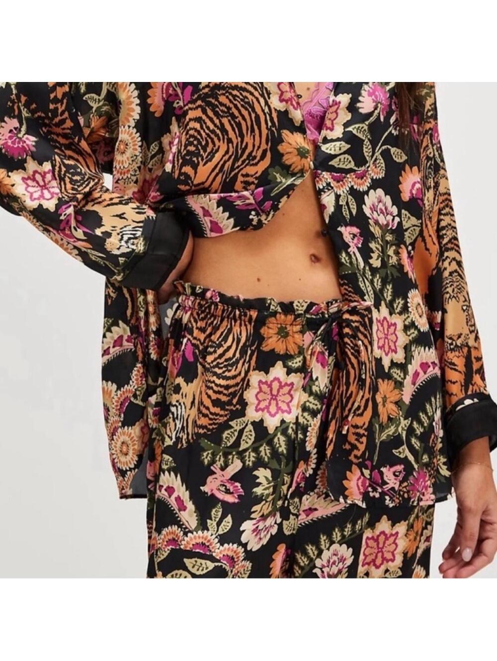 🆕 NWT FP Pajama SET Iron Combo Tiger Floral Print SILKY oversized XL Long Tall - Picture 4 of 16